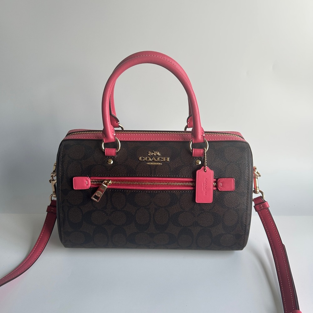 Coach Rowan Satchel Pink Brown Signature Canvas Crossbody Bag F83607